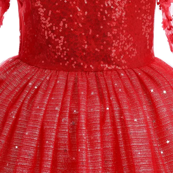 Flower Girl Sequins Dress 34 Sleeves Maxi Gown for Kids Party Wedding Bridesmaid Princess Pageant Long Tulle DressesRed