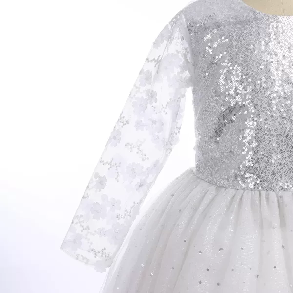 Flower Girl Sequins Dress 34 Sleeves Maxi Gown for Kids Party Wedding Bridesmaid Princess Pageant Long Tulle DressesWhite