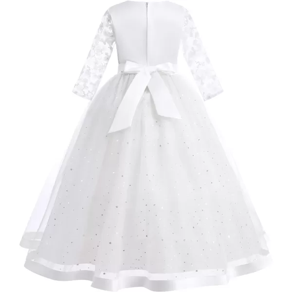 Flower Girl Sequins Dress 34 Sleeves Maxi Gown for Kids Party Wedding Bridesmaid Princess Pageant Long Tulle DressesWhite