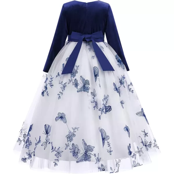 Flower Girl Velvet Dress for Kids Wedding Bridesmaid Pageant Party Prom Formal Ball Gown Princess Puffy Tulle DressesDark Blue  Butterfly