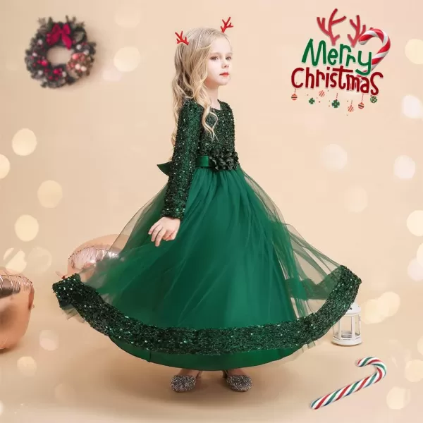 Flower Girl Velvet Dress for Kids Wedding Bridesmaid Pageant Party Prom Formal Ball Gown Princess Puffy Tulle DressesDark Green  Sequin Flower