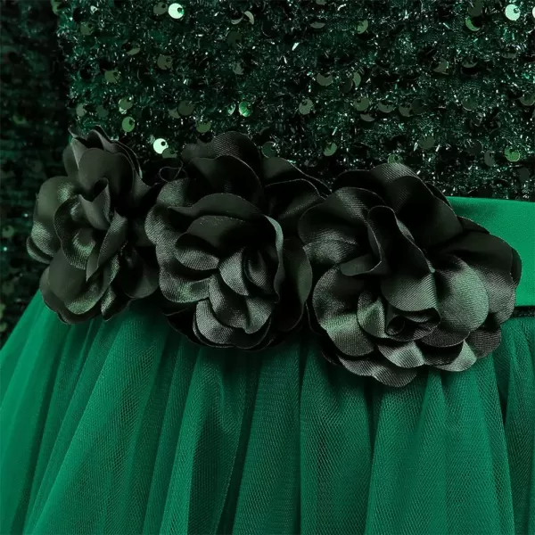 Flower Girl Velvet Dress for Kids Wedding Bridesmaid Pageant Party Prom Formal Ball Gown Princess Puffy Tulle DressesDark Green  Sequin Flower