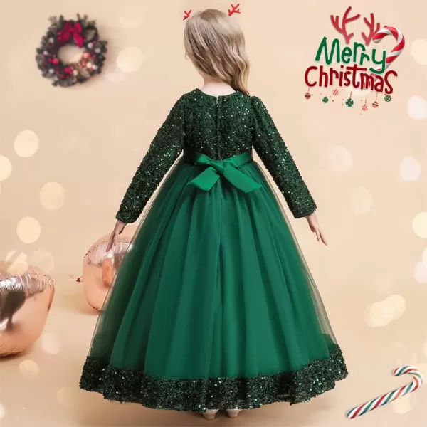 Flower Girl Velvet Dress for Kids Wedding Bridesmaid Pageant Party Prom Formal Ball Gown Princess Puffy Tulle DressesDark Green  Sequin Flower