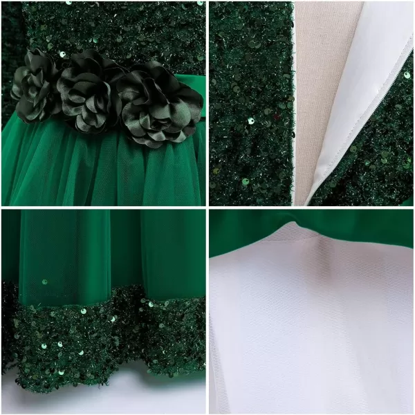 Flower Girl Velvet Dress for Kids Wedding Bridesmaid Pageant Party Prom Formal Ball Gown Princess Puffy Tulle DressesDark Green  Sequin Flower