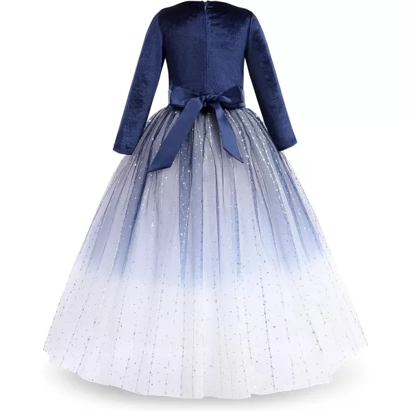 Flower Girl Velvet Dress for Kids Wedding Bridesmaid Pageant Party Prom Formal Ball Gown Princess Puffy Tulle DressesGradient  Navy Blue