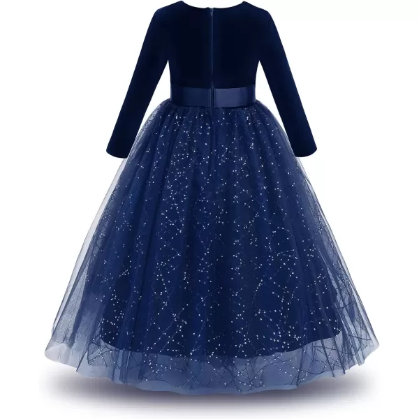 Flower Girl Velvet Dress for Kids Wedding Bridesmaid Pageant Party Prom Formal Ball Gown Princess Puffy Tulle DressesNavy Blue  Sequins