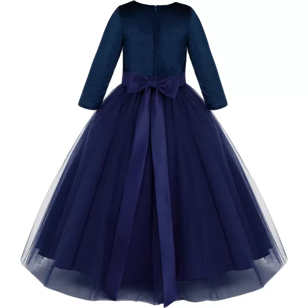 Flower Girl Velvet Dress for Kids Wedding Bridesmaid Pageant Party Prom Formal Ball Gown Princess Puffy Tulle DressesNvay Blue