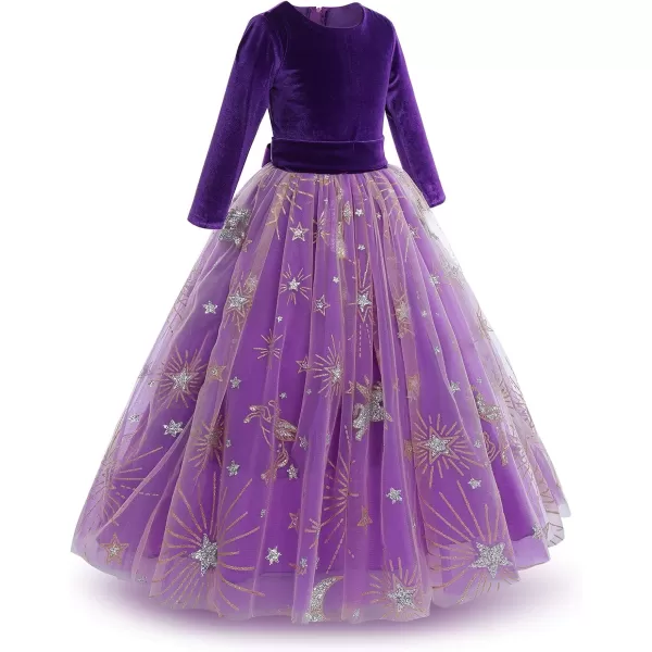 Flower Girl Velvet Dress for Kids Wedding Bridesmaid Pageant Party Prom Formal Ball Gown Princess Puffy Tulle DressesPurple  Gold Stars