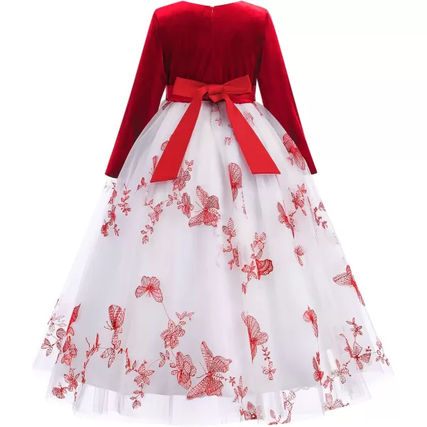 Flower Girl Velvet Dress for Kids Wedding Bridesmaid Pageant Party Prom Formal Ball Gown Princess Puffy Tulle DressesRed  Butterfly