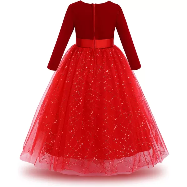 Flower Girl Velvet Dress for Kids Wedding Bridesmaid Pageant Party Prom Formal Ball Gown Princess Puffy Tulle DressesRed  Sequins