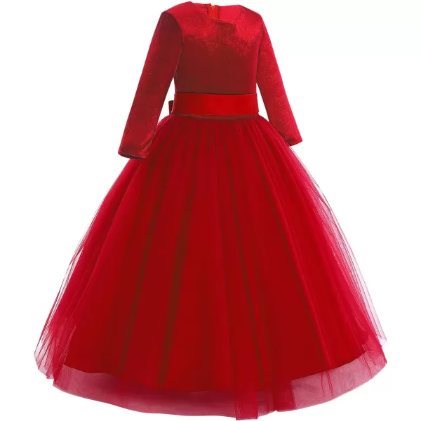 Flower Girl Velvet Dress for Kids Wedding Bridesmaid Pageant Party Prom Formal Ball Gown Princess Puffy Tulle DressesRed