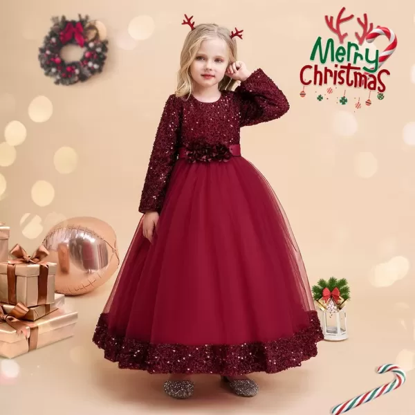 Flower Girl Velvet Dress for Kids Wedding Bridesmaid Pageant Party Prom Formal Ball Gown Princess Puffy Tulle DressesWine Red  Sequin Flower