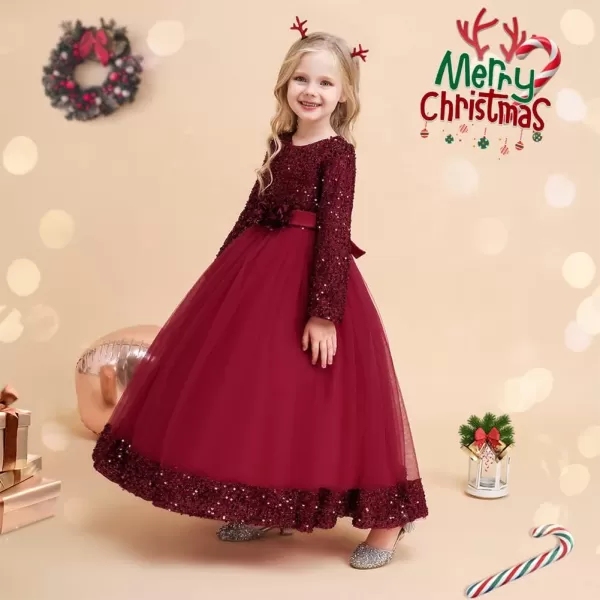 Flower Girl Velvet Dress for Kids Wedding Bridesmaid Pageant Party Prom Formal Ball Gown Princess Puffy Tulle DressesWine Red  Sequin Flower