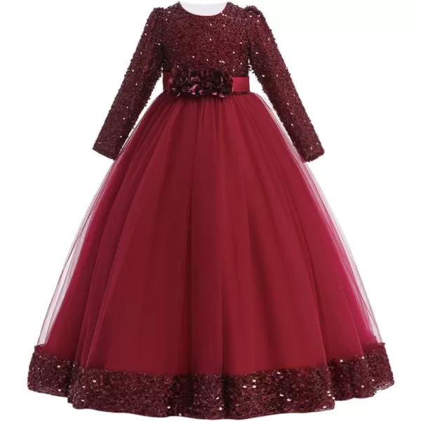 Flower Girl Velvet Dress for Kids Wedding Bridesmaid Pageant Party Prom Formal Ball Gown Princess Puffy Tulle DressesWine Red  Sequin Flower