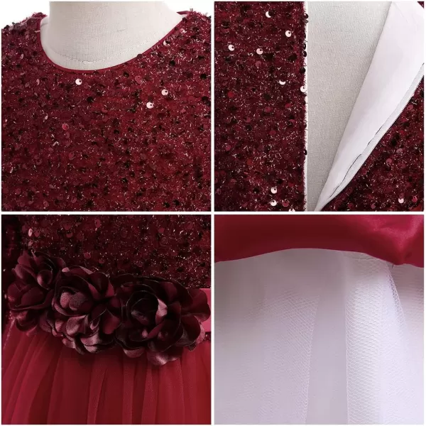 Flower Girl Velvet Dress for Kids Wedding Bridesmaid Pageant Party Prom Formal Ball Gown Princess Puffy Tulle DressesWine Red  Sequin Flower