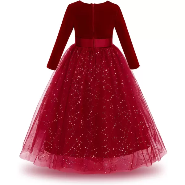 Flower Girl Velvet Dress for Kids Wedding Bridesmaid Pageant Party Prom Formal Ball Gown Princess Puffy Tulle DressesWine Red  Sequins