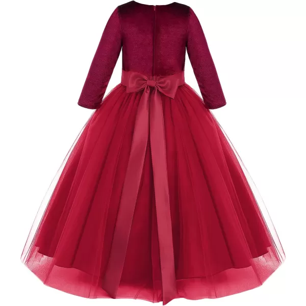 Flower Girl Velvet Dress for Kids Wedding Bridesmaid Pageant Party Prom Formal Ball Gown Princess Puffy Tulle DressesWine Red