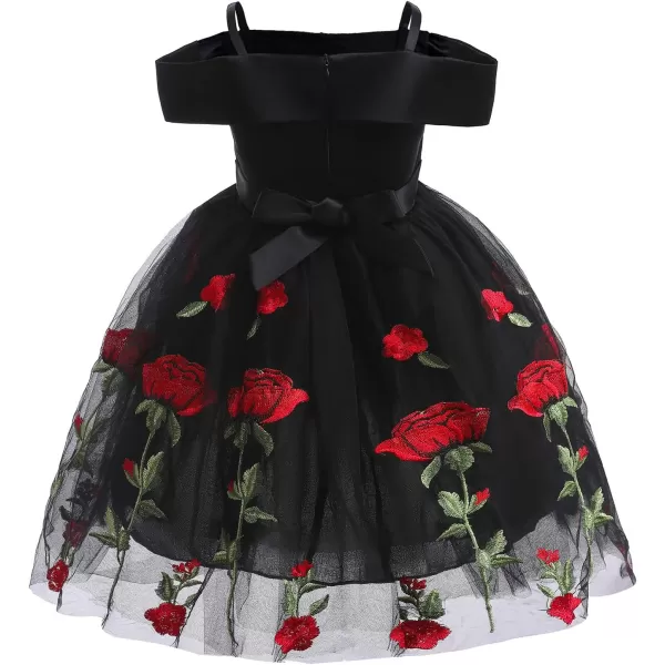 Flower Girl Vintage Floral Embroidery Rose Dress for Kids Wedding Bridesmaid Pageant Long Gown Communion Tulle DressesBlack  Off Shoulder