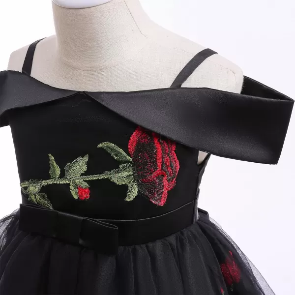 Flower Girl Vintage Floral Embroidery Rose Dress for Kids Wedding Bridesmaid Pageant Long Gown Communion Tulle DressesBlack  Off Shoulder