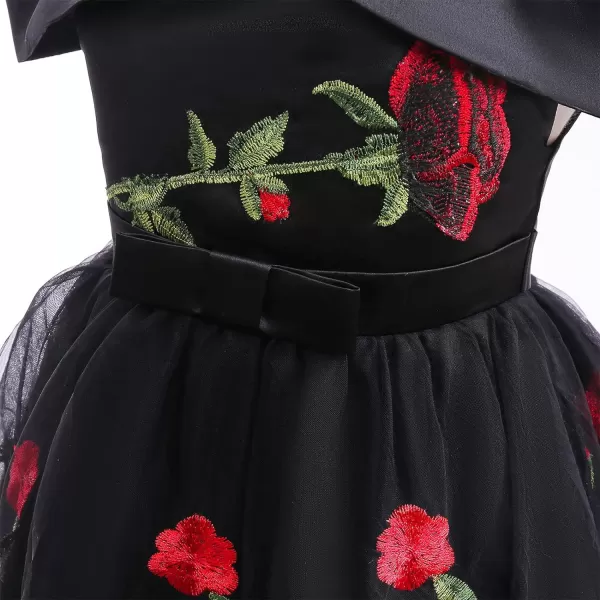 Flower Girl Vintage Floral Embroidery Rose Dress for Kids Wedding Bridesmaid Pageant Long Gown Communion Tulle DressesBlack  Off Shoulder