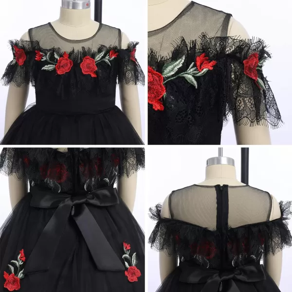 Flower Girl Vintage Floral Embroidery Rose Dress for Kids Wedding Bridesmaid Pageant Long Gown Communion Tulle DressesBlack