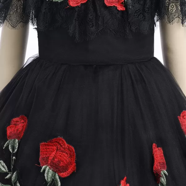 Flower Girl Vintage Floral Embroidery Rose Dress for Kids Wedding Bridesmaid Pageant Long Gown Communion Tulle DressesBlack