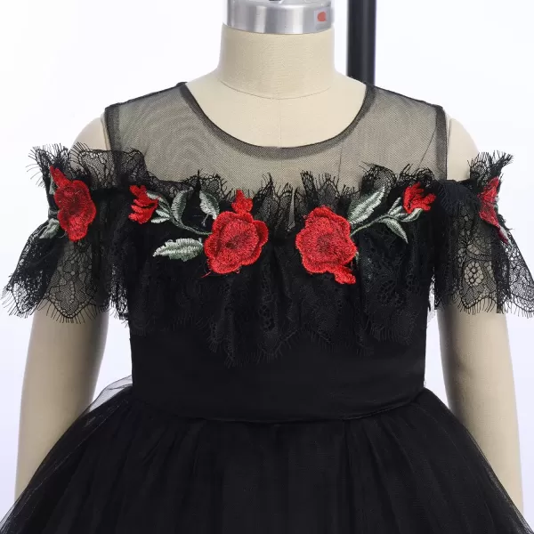 Flower Girl Vintage Floral Embroidery Rose Dress for Kids Wedding Bridesmaid Pageant Long Gown Communion Tulle DressesBlack