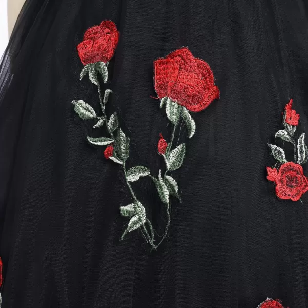 Flower Girl Vintage Floral Embroidery Rose Dress for Kids Wedding Bridesmaid Pageant Long Gown Communion Tulle DressesBlack