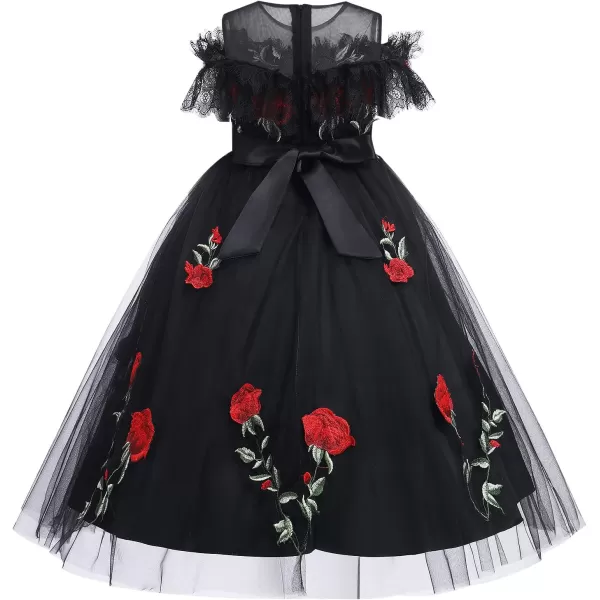 Flower Girl Vintage Floral Embroidery Rose Dress for Kids Wedding Bridesmaid Pageant Long Gown Communion Tulle DressesBlack