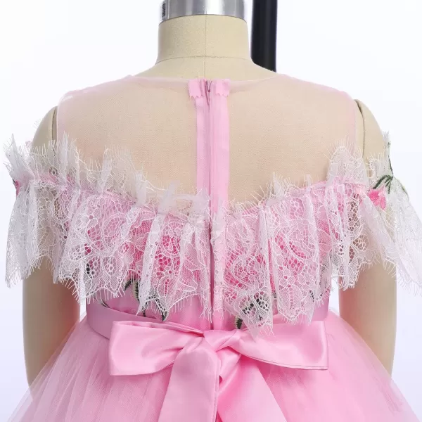 Flower Girl Vintage Floral Embroidery Rose Dress for Kids Wedding Bridesmaid Pageant Long Gown Communion Tulle DressesPink