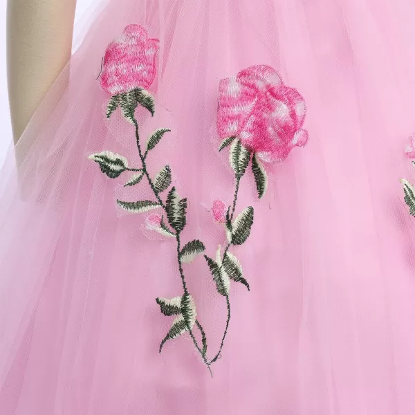 Flower Girl Vintage Floral Embroidery Rose Dress for Kids Wedding Bridesmaid Pageant Long Gown Communion Tulle DressesPink