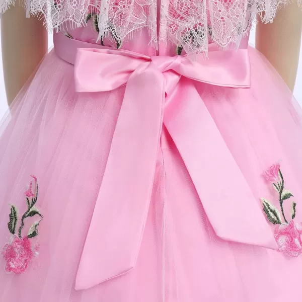 Flower Girl Vintage Floral Embroidery Rose Dress for Kids Wedding Bridesmaid Pageant Long Gown Communion Tulle DressesPink