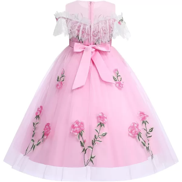 Flower Girl Vintage Floral Embroidery Rose Dress for Kids Wedding Bridesmaid Pageant Long Gown Communion Tulle DressesPink
