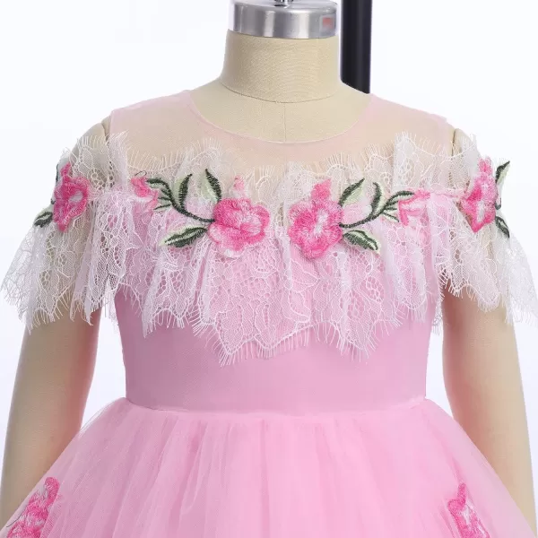 Flower Girl Vintage Floral Embroidery Rose Dress for Kids Wedding Bridesmaid Pageant Long Gown Communion Tulle DressesPink