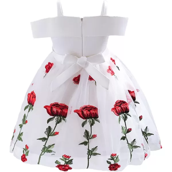 Flower Girl Vintage Floral Embroidery Rose Dress for Kids Wedding Bridesmaid Pageant Long Gown Communion Tulle DressesWhite  Off Shoulder