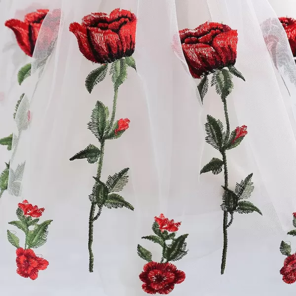 Flower Girl Vintage Floral Embroidery Rose Dress for Kids Wedding Bridesmaid Pageant Long Gown Communion Tulle DressesWhite  Off Shoulder