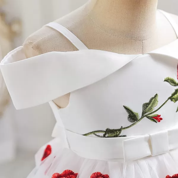 Flower Girl Vintage Floral Embroidery Rose Dress for Kids Wedding Bridesmaid Pageant Long Gown Communion Tulle DressesWhite  Off Shoulder