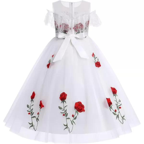 Flower Girl Vintage Floral Embroidery Rose Dress for Kids Wedding Bridesmaid Pageant Long Gown Communion Tulle DressesWhite