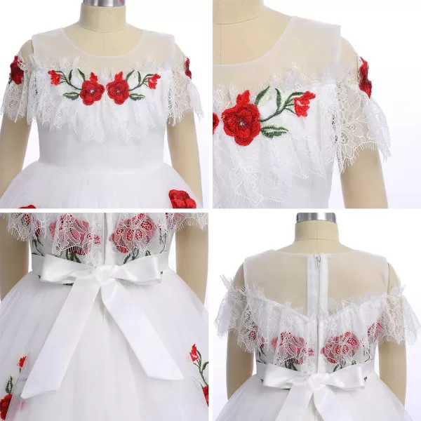 Flower Girl Vintage Floral Embroidery Rose Dress for Kids Wedding Bridesmaid Pageant Long Gown Communion Tulle DressesWhite