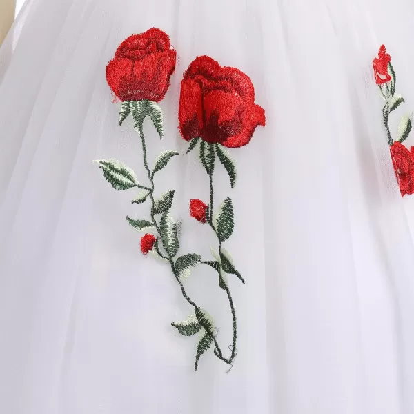 Flower Girl Vintage Floral Embroidery Rose Dress for Kids Wedding Bridesmaid Pageant Long Gown Communion Tulle DressesWhite