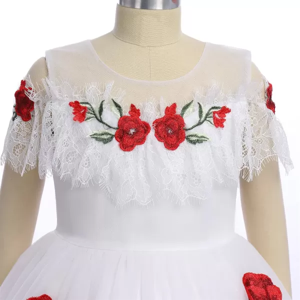 Flower Girl Vintage Floral Embroidery Rose Dress for Kids Wedding Bridesmaid Pageant Long Gown Communion Tulle DressesWhite