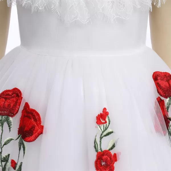 Flower Girl Vintage Floral Embroidery Rose Dress for Kids Wedding Bridesmaid Pageant Long Gown Communion Tulle DressesWhite