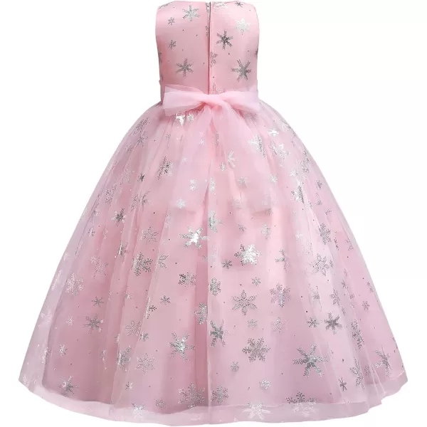 Flower Girls Christmas Snowflake Dress for Kids Wedding Bridesmaid Princess Pageant Formal Party Sequins Maxi DressesPink