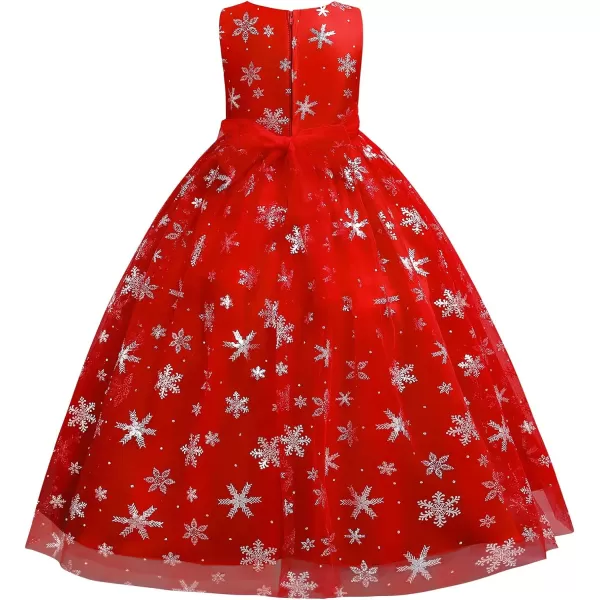 Flower Girls Christmas Snowflake Dress for Kids Wedding Bridesmaid Princess Pageant Formal Party Sequins Maxi DressesRed