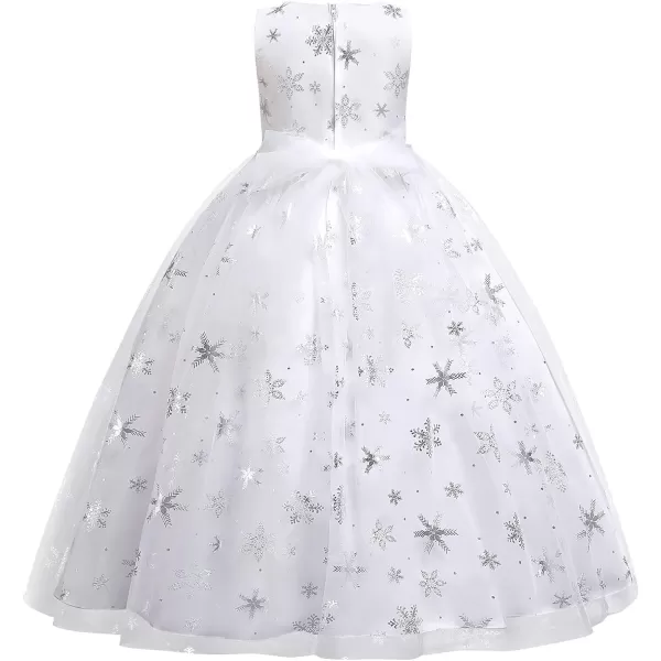 Flower Girls Christmas Snowflake Dress for Kids Wedding Bridesmaid Princess Pageant Formal Party Sequins Maxi DressesWhite