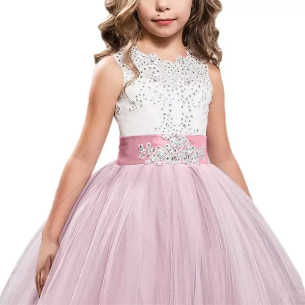 Flower Girls Lace Applique Long Pageant Bridesmaid Wedding Party Maxi Dresses Princess Communion Puffy Tulle Ball GownsDusty Pink