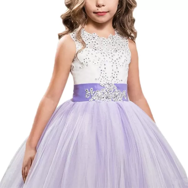 Flower Girls Lace Applique Long Pageant Bridesmaid Wedding Party Maxi Dresses Princess Communion Puffy Tulle Ball GownsLilac