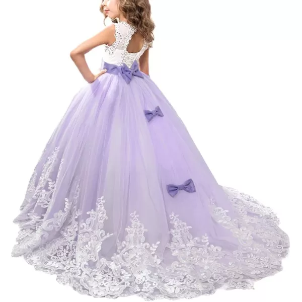 Flower Girls Lace Applique Long Pageant Bridesmaid Wedding Party Maxi Dresses Princess Communion Puffy Tulle Ball GownsLilac