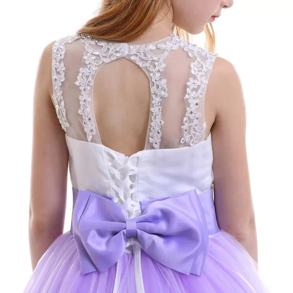 Flower Girls Lace Applique Long Pageant Bridesmaid Wedding Party Maxi Dresses Princess Communion Puffy Tulle Ball GownsLilac