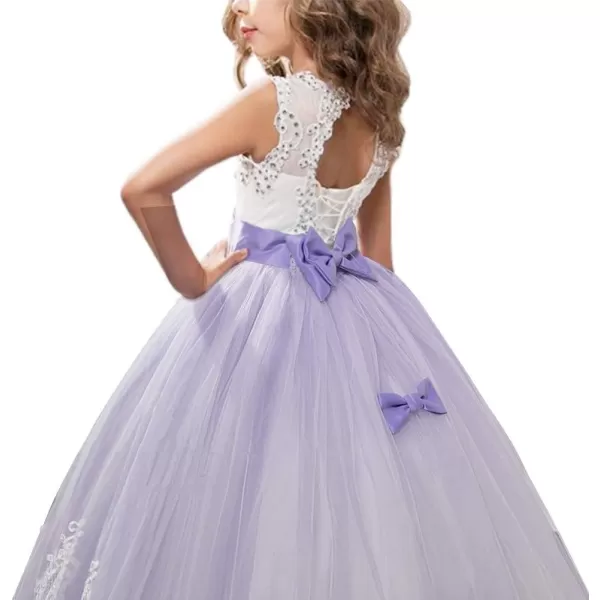 Flower Girls Lace Applique Long Pageant Bridesmaid Wedding Party Maxi Dresses Princess Communion Puffy Tulle Ball GownsLilac